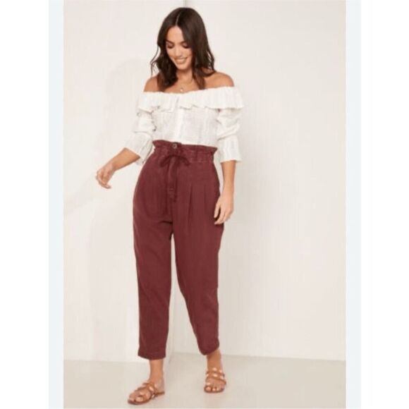 Free People Pants - Free People Womens XS Margate Paperbag Pants Dark Red High Waist Cropped Slouchy